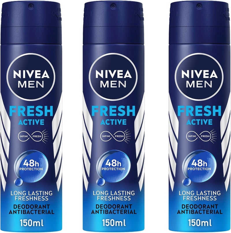 NIVEA MEN Fresh Active Antibacterial Deodorant Spray, 3x150ml, 48H Protection - Image 1
